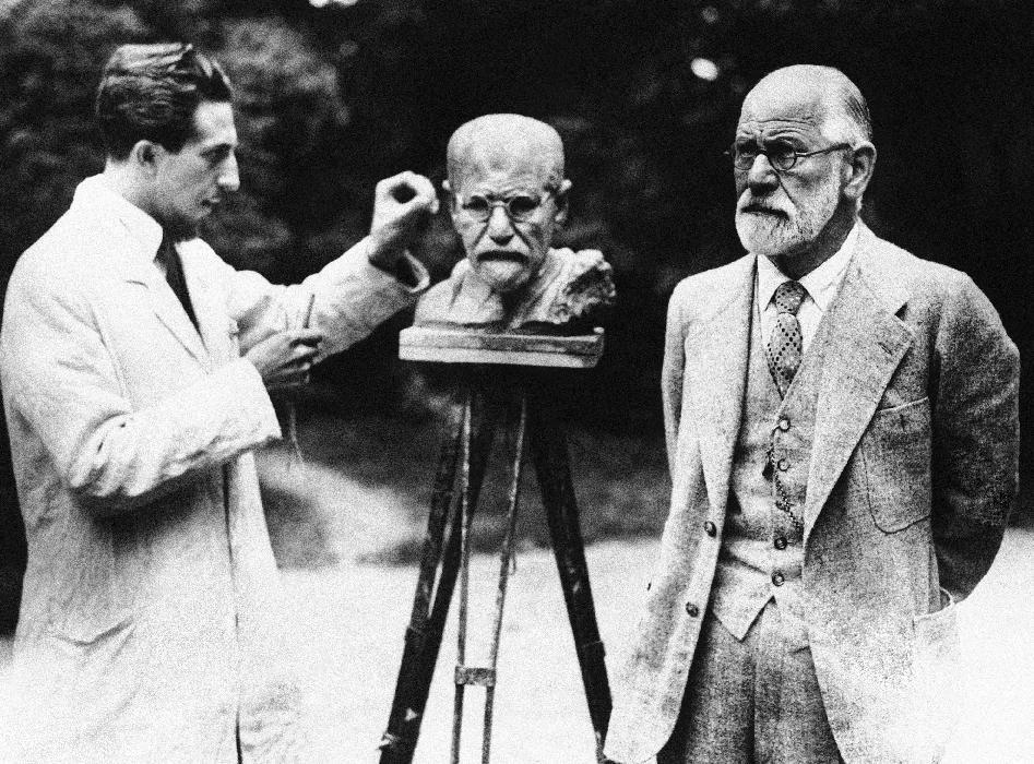 FILE - This is a 1931 file photo of Sigmund Freud, father of psychoanalysis, as he poses for sculptor Oscar Nemon in Vienna. British police are hunting burglars who tried to steal the ashes of psychoanalyst Sigmund Freud from a London crematorium. The Metropolitan Police force says a 2,300-year-old Greek urn containing the remains of Freud and his wife Martha was severely damaged in a break-in at Golders Green Crematorium on Dec. 31 or Jan. 1. (AP Photo/File)