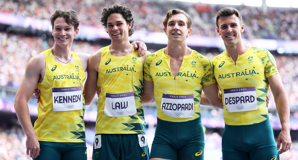 The Aussie men's 4x100m relay team of Lachlan Kennedy, Jacob Despard, Calab Law and Josh Azzopardi set a new national record in Paris. Pic: Getty