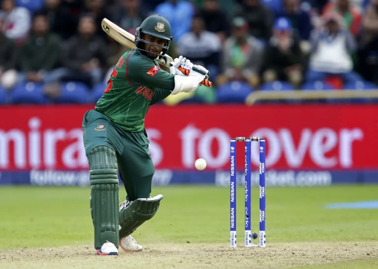 Bangladesh's Shakib Al Hasan plays a shot during the ICC Champions Trophy match between New Zealand and Bangladesh in Cardiff on June 9, 2017