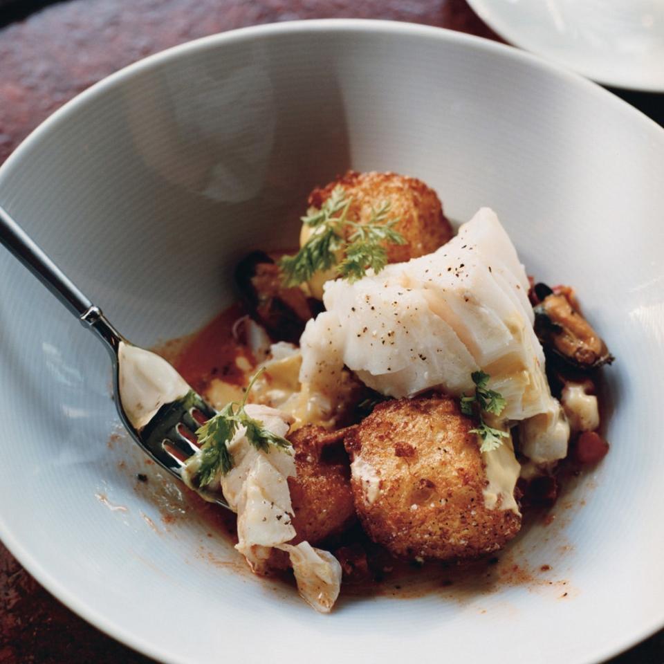 Cod with Mussels, Chorizo, Fried Croutons, and Saffron Mayonnaise