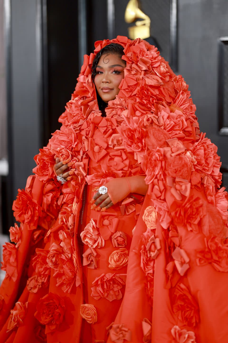 <p>Doja Cat looked spiderlike, and Lizzo looked florid. The singer's bright orange Dolce & Gabbana ensemble featured a hooded cape covered in flower accents, with her face blooming at the center like the bud of a bouquet. Underneath, she wore a corset top and matching skirt with sheer fingerless gloves and two large diamond rings like jeweled petals at her fingertips. </p>