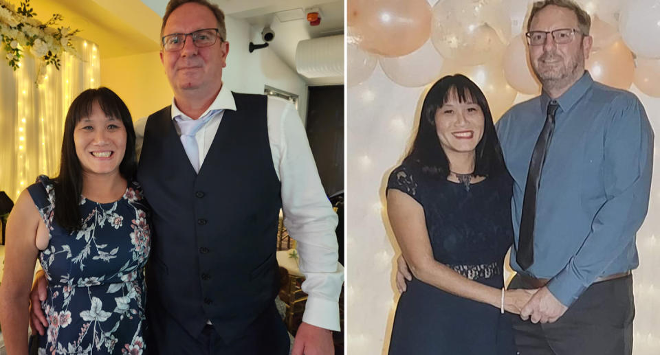 Loviner and Brad in party attire (left) and standing in front of balloons (right).