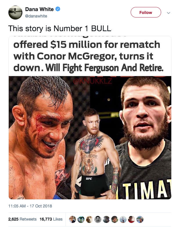 White has emphatically denied reports Khabib has rejected a rematch with McGregor. Pic: Twitter