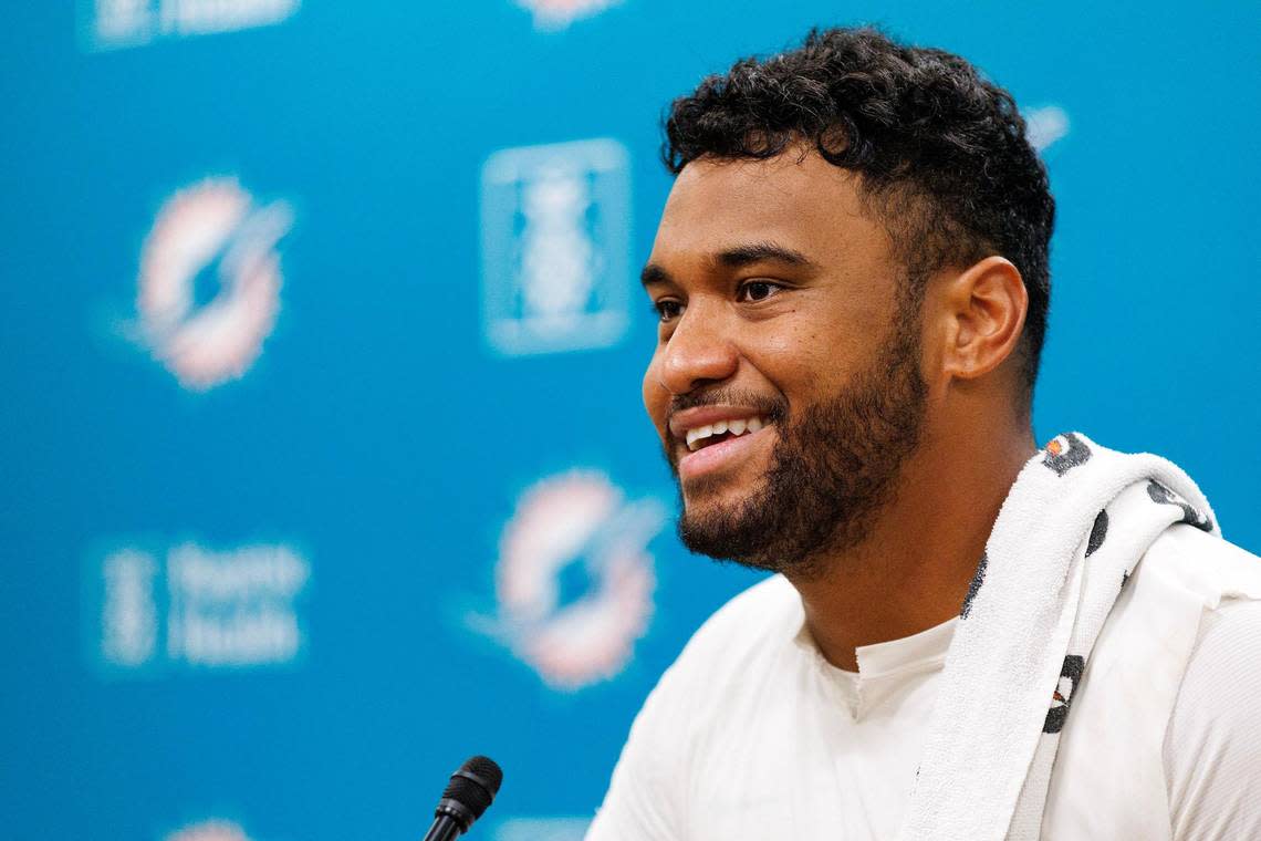 Miami Dolphins quarterback Tua Tagovailoa (1) speaks with the media after NFL football training camp at Baptist Health Training Complex in Hard Rock Stadium on Tuesday, August 1, 2023 in Miami Gardens, Florida. David Santiago/dsantiago@miamiherald.com