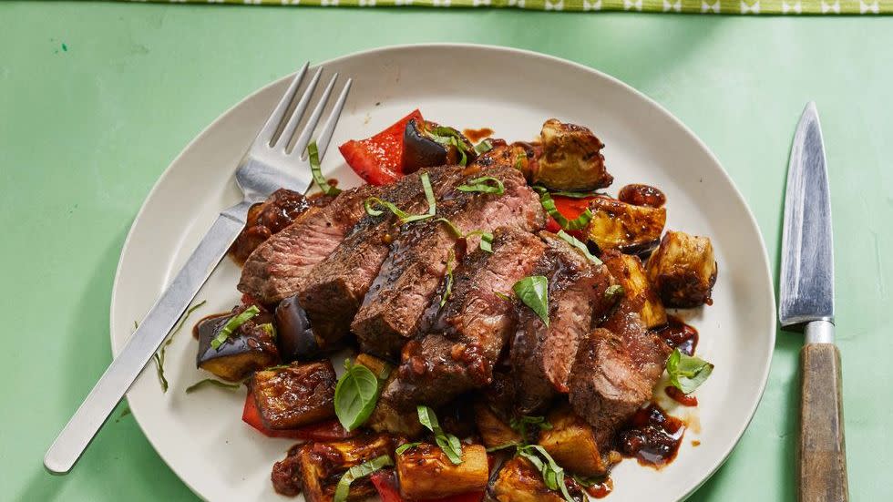 best healthy dinner recipes balsamic steak with eggplant and peppers