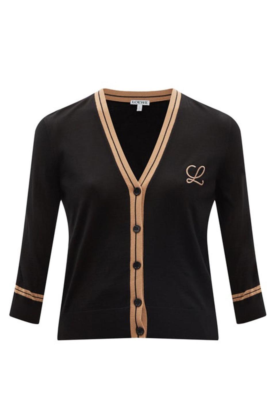 Black Logo-Embroidered Wool Cardigan