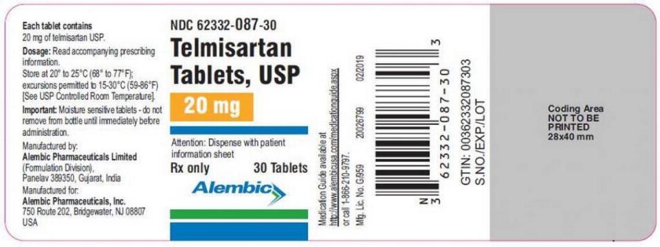The label on the recalled bottles of Telmisartan.