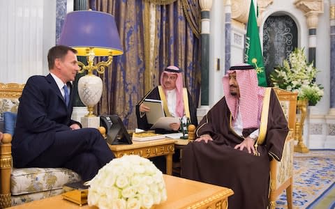Saudi Arabia's King Salman bin Abdulaziz Al Saud meets with British Foreign Secretary Jeremy Hunt, in Riyadh - Credit: Reuters