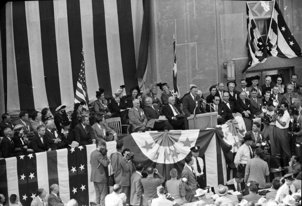 Sept. 27, 1948: Texas Governor Beauford Jester endorses President Harry Truman for re-election; center podium from left, Amon Carter, Harry Truman, Sam Rayburn; 2nd row, Mabel Jester, Margaret Truman, Nenetta Burton Carter, Betsy Truman