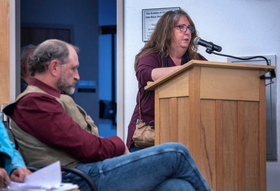 Linda Burke, of Edgewood, N.M., speaks against an ordinance to limit abortions, during the Town Council meeting in Edgewood on Tuesday, April 25, 2023. Residents flocked to a public meeting to discuss whether the town should adopt a local abortion-ban ordinance, extending a wave of local abortion restrictions in eastern New Mexico.