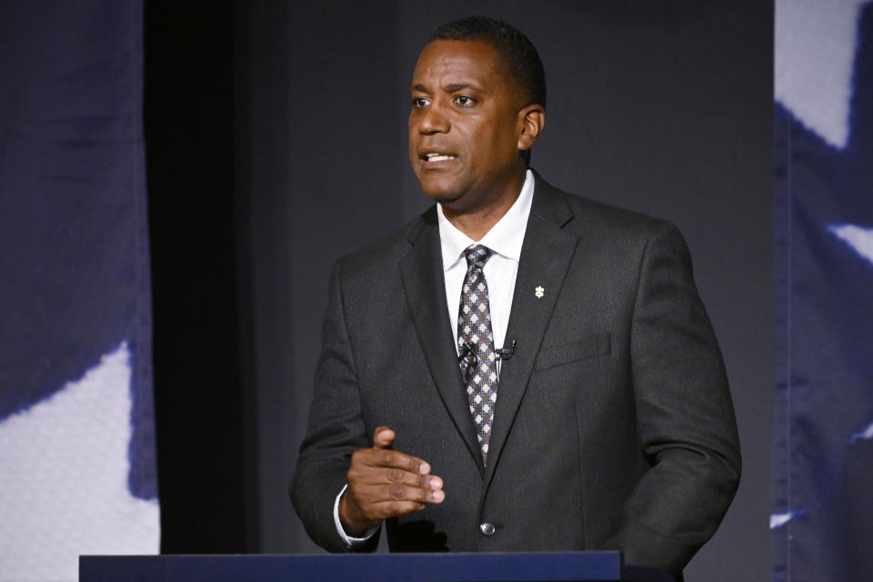 FILE - Republican U.S. House candidate George Logan speaks during a debate, Oct. 18, 2022, in Waterbury, Conn. House Republicans may be critical of diversity and inclusion programs, but they see recruiting women and minority candidates, along with veterans, as key to expanding their slim majority in November. Logan, whose parents came to the U.S. from Guatemala, is running for a House seat in Connecticut November 2024. (AP Photo/Jessica Hill, File)