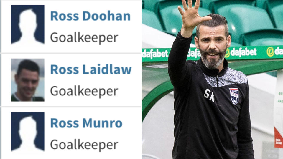 Rossy County and coach Stuart Kettlewell (pictured right) has built recruited three goalkeepers sharing the club's name. (Images: Twitter/Getty Images)