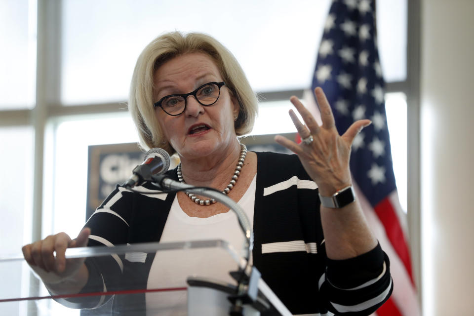 FILE - In this Sept. 11, 2018, file photo, Sen. Claire McCaskill, D-Mo., speaks to students and supporters at the University of Missouri - St. Louis in St. Louis. McCaskill is running for re-election. McCaskill faces a double challenge as she campaigns for re-election in heavily Republican Missouri for a seat that could determine which party controls the Senate. (AP Photo/Jeff Roberson, File)