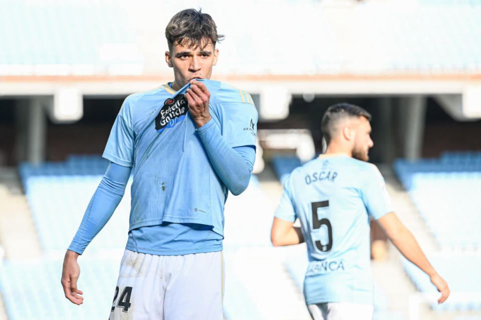 Gabri Veiga of Celta Vigo celebrates after scores his sides third goal during the LaLiga Santander match between RC Celta and Real Valladolid CF at Estadio Balaidos on February 26, 2023 in Vigo, Spain.