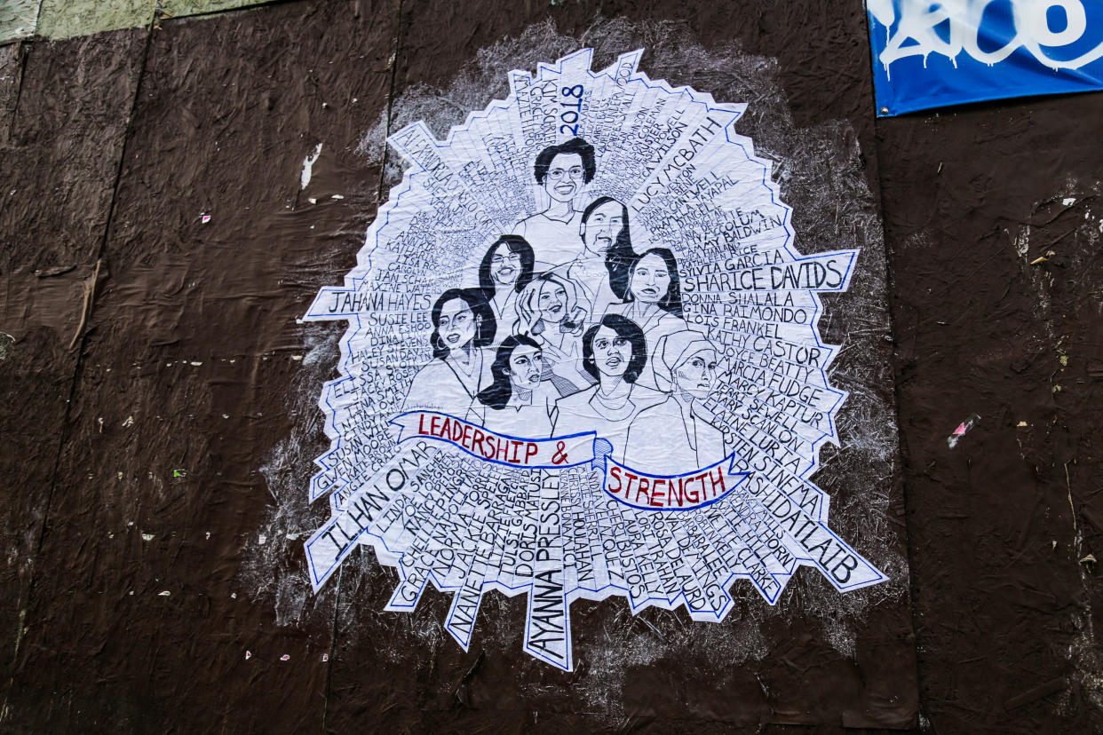 In celebration of the wave of women in Congress, particularly women of color, female street artist Hysterical men pasted a mural of the women on a building in Philadelphia. (Credit: Streets Dept/ Conrad Benner)