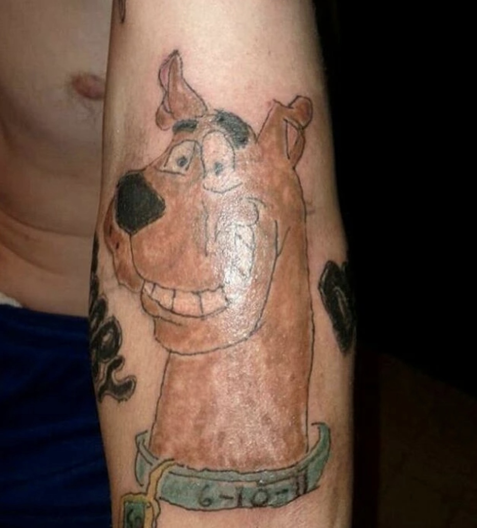 Bad tattoo of Scooby Doo, squiggled