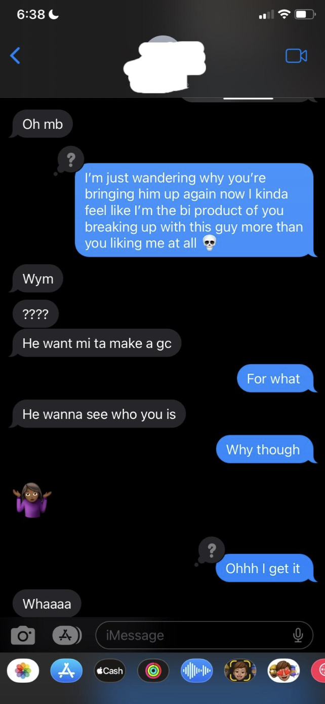 Girl asking guy to get into a group chat with her ex