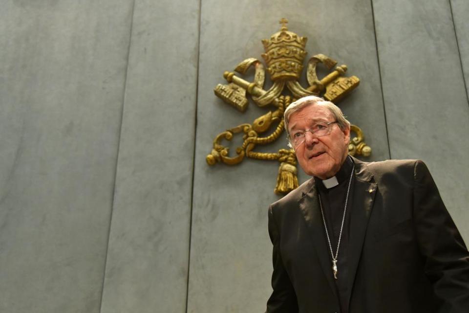 Australian Cardinal George Pell looks on as he makes a statement at the Holy See Press Office, Vatican city on Thursday. Pell has been charged with ‘multiple’ historical sexual offences and denies all charges.