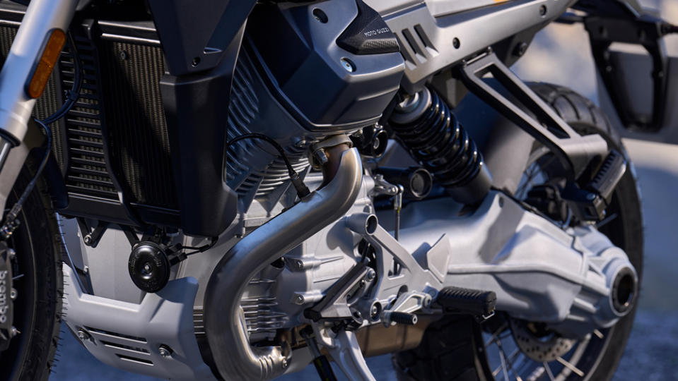 The 1,042 cc liquid-cooled V-twin motor in a 2024 Moto Guzzi Stelvio.