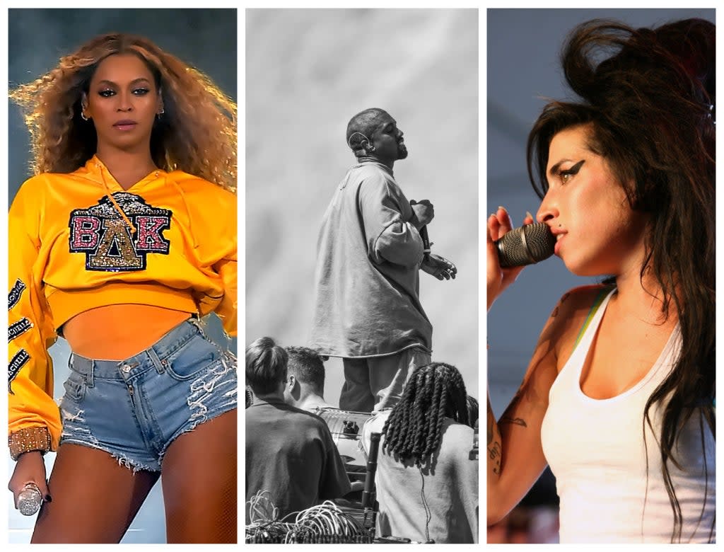 L-R: Beyonce, Kanye West and Amy Winehouse during their Coachella performances (Getty)