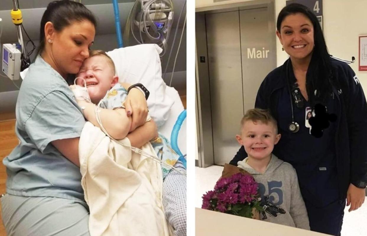 Nurse Annie Hager comforts five-year-old Slade after he wakes up from surgery. (Photo: Facebook)