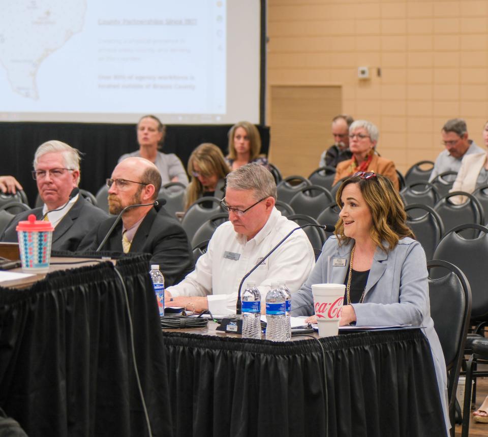 Texas AgriLife Extension Agents Angela Burkham, left, Monty Dozier, Josh Brooks, and Andy Holloway speak at day two of the Panhandle Wildfires Investigative Committee hearings in Pampa.