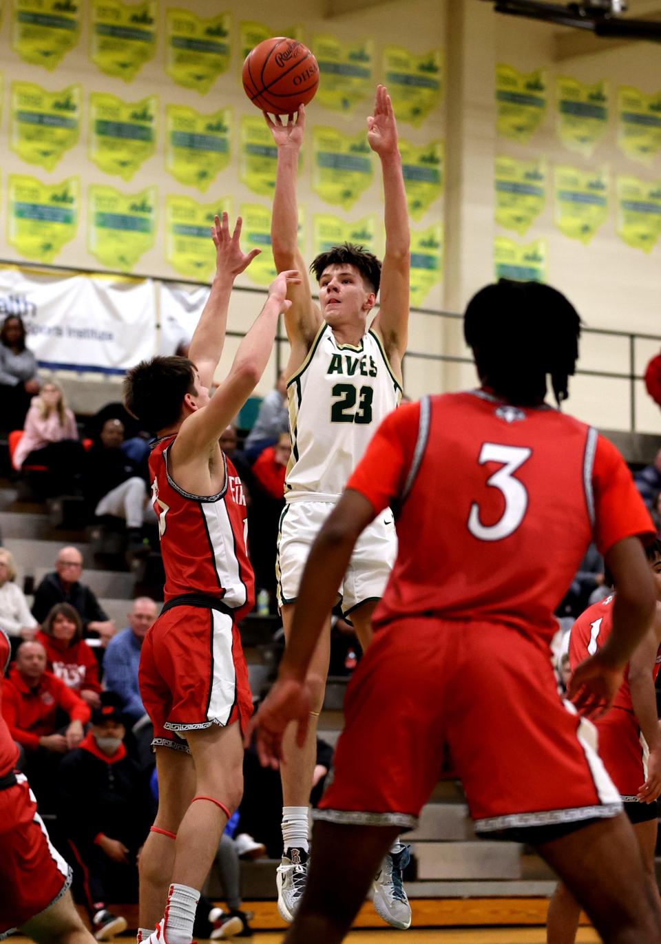 Sycamore forward Ben Southerland knocks this shot down for a field goal in the game between Lakota West and Sycamore at Sycamore High School Dec. 7, 2021. Sycamore beat their Greater Miami Conference rival 72-54 behind Southerland's 21 points.