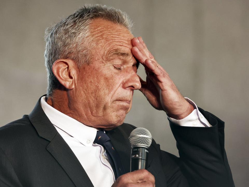 Independent presidential candidate Robert F. Kennedy Jr. pauses while he speaks at a Cesar Chavez Day event at Union Station on March 30, 2024 in Los Angeles, California (Getty Images)