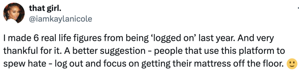 Tweet from user @iamkaylanicole expressing gratitude for real-life gains from online last year, and advising haters to focus on personal improvement