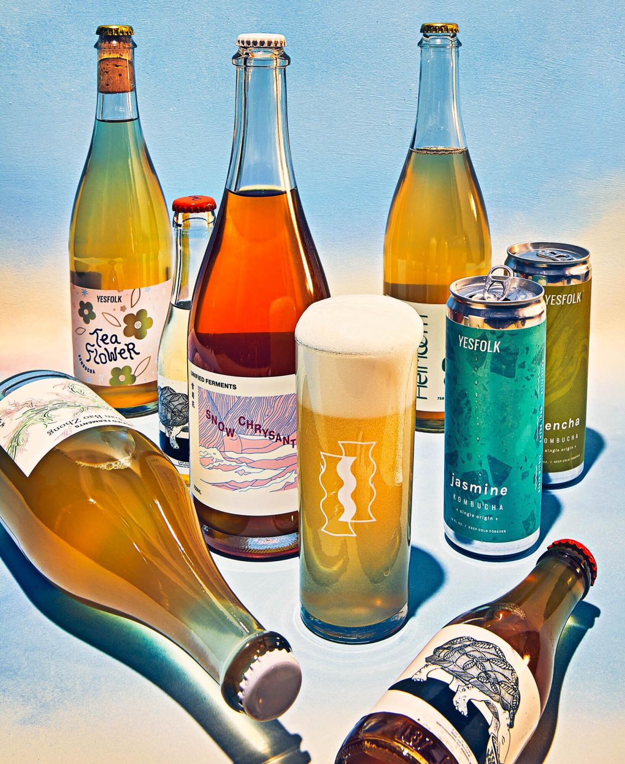 Bottles and cans from small batch kombucha brewers