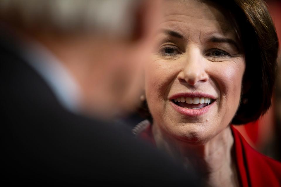 Minnesota Senator and 2020 Democratic presidential candidate Amy Klobuchar does a TV interview in the spin room following the CNN/Des Moines Register Democratic Presidential Debate at Drake University's Sheslow Auditorium on Tuesday, Jan. 14, 2020, in Des Moines.