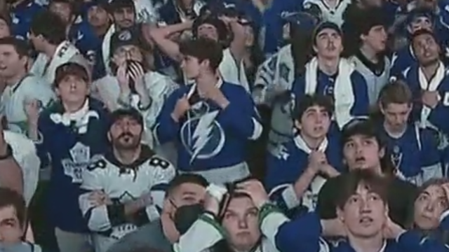 Amid an endless sea of heartbroken Maple Leafs fans, this lone Lightning supporter made a sound business decision. (Screengrab via Twitter/@Ginohard_)