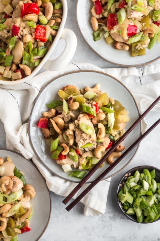 <p><a href="https://skinnyfitalicious.com/cashew-chicken-bake/" rel="nofollow noopener" target="_blank" data-ylk="slk:Skinny Fitalicious;elm:context_link;itc:0;sec:content-canvas" class="link ">Skinny Fitalicious</a></p>