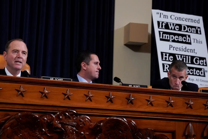 U.S. House Intelligence Committee Chairman Schiff delivers remarks after Ambassador Taylor and Kent testify before House Intelligence Committee hearing as part of Trump impeachment inquiry in Washington