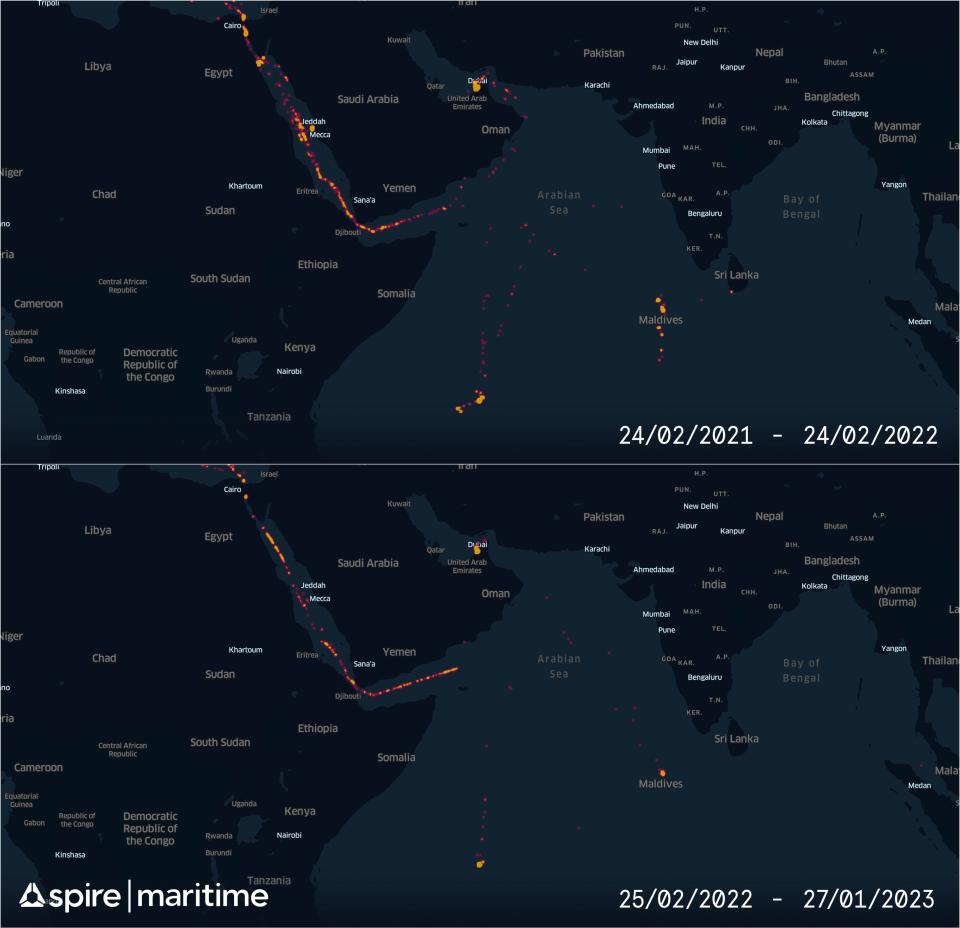 A heat map showing Russian oligarch yacht traffic around Arabian Sea before and after the invasion of Ukraine