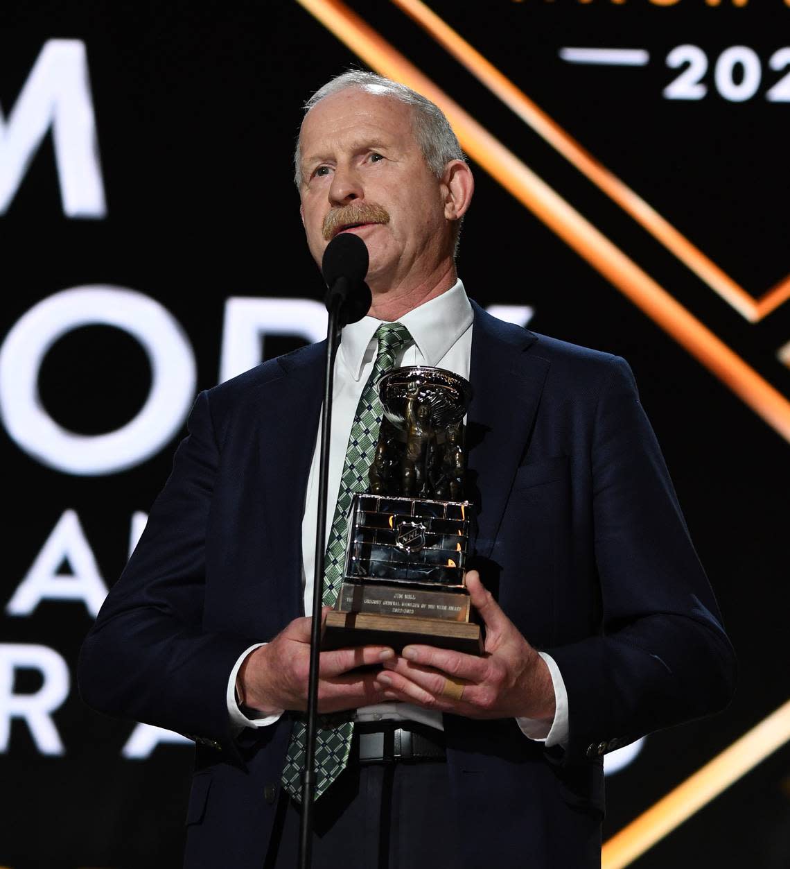 Dallas Stars general manager Jim Nill is awarded the Jim Gregory General Manager of the Year award during the first round of the 2023 NHL Draft at Bridgestone Arena.