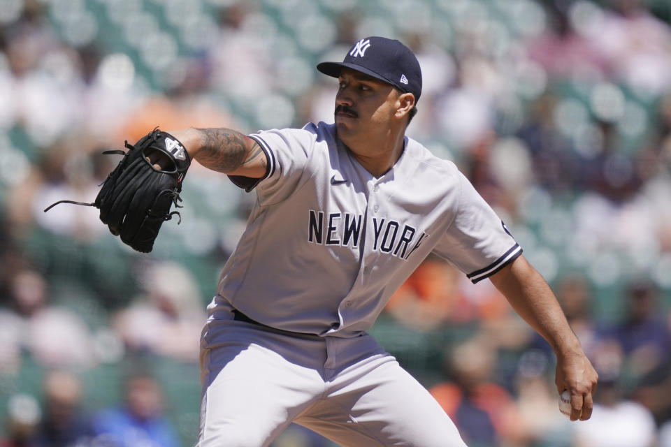 New York Yankees relief pitcher Nestor Cortes throws during the third inning of a baseball game against the Detroit Tigers, Sunday, May 30, 2021, in Detroit. (AP Photo/Carlos Osorio)