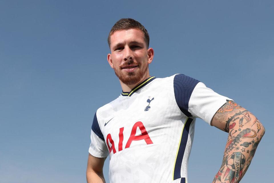 Arrival: Hojbjerg poses in the new Tottenham home shirt Photo: Tottenham Hotspur FC via Getty Images