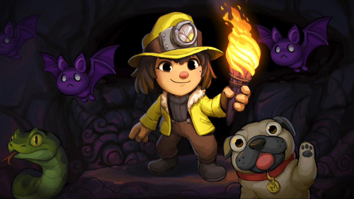  Spelunky 2 artwork showing a character wearing a yellow coat and mining hardhat while wielding a torch. 