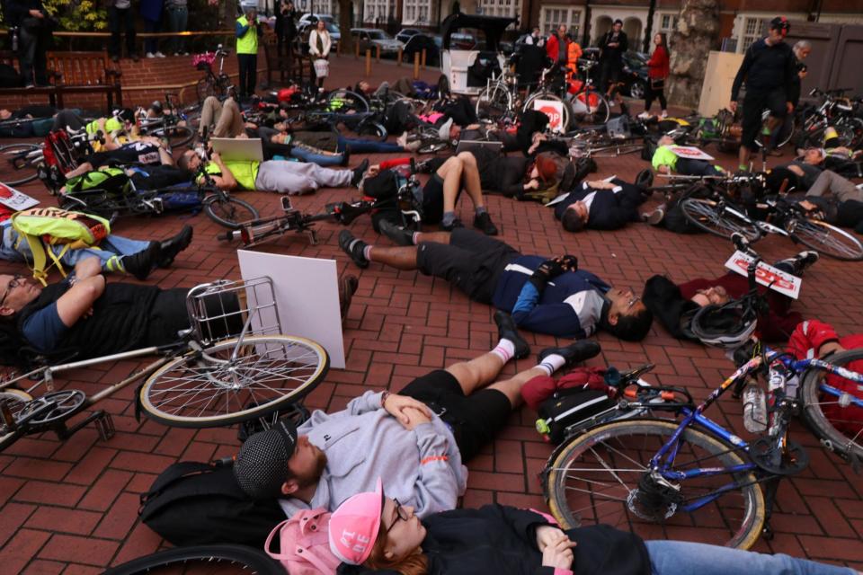 Protesters staged a “die-in” outside Kensington town hall after the death of cyclist Charlotte Landi: Lucy Young