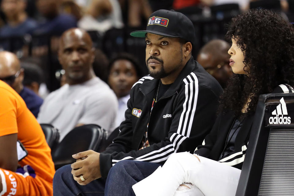 NEW YORK, NEW YORK – JULY 14: BIG3 Founder Ice Cube looks on during the game between Tri State and Triplets in week four of the BIG3 three-on-three basketball league at Barclays Center on July 14, 2019 in the Brooklyn borough of New York City. (Photo by Al Bello/BIG3/Getty Images)