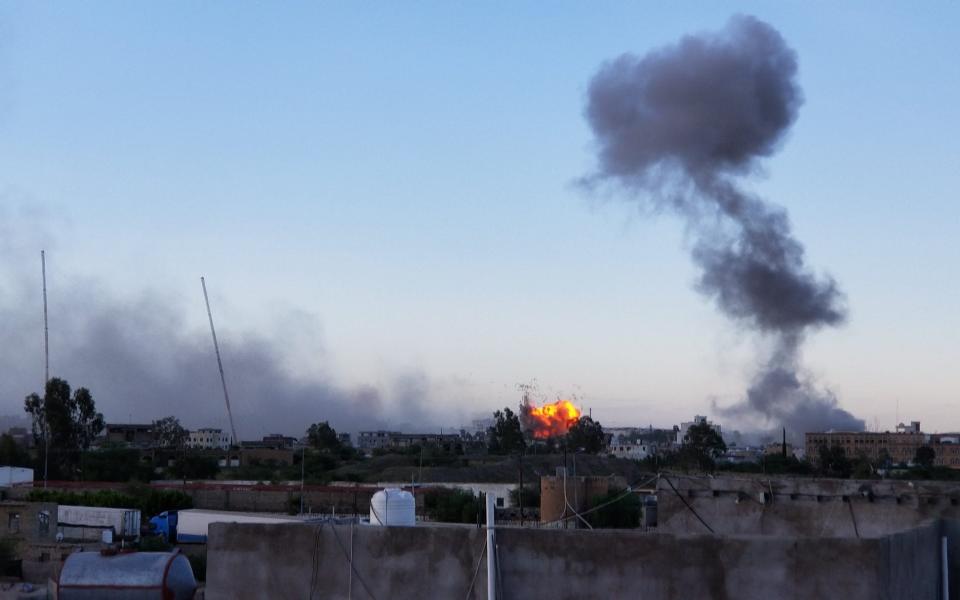 Smoke rising following airstrikes in Sanaa, Yemen