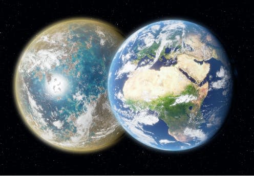 <span class="caption">Early Earth on the left, had seas infused with life-enhancing iron, whereas Earth today, seen on the right, does not. </span> <span class="attribution"><span class="source">Credit: Image courtesy of Mark A. Garlick / markgarlick.com</span>, <span class="license">Author provided</span></span>