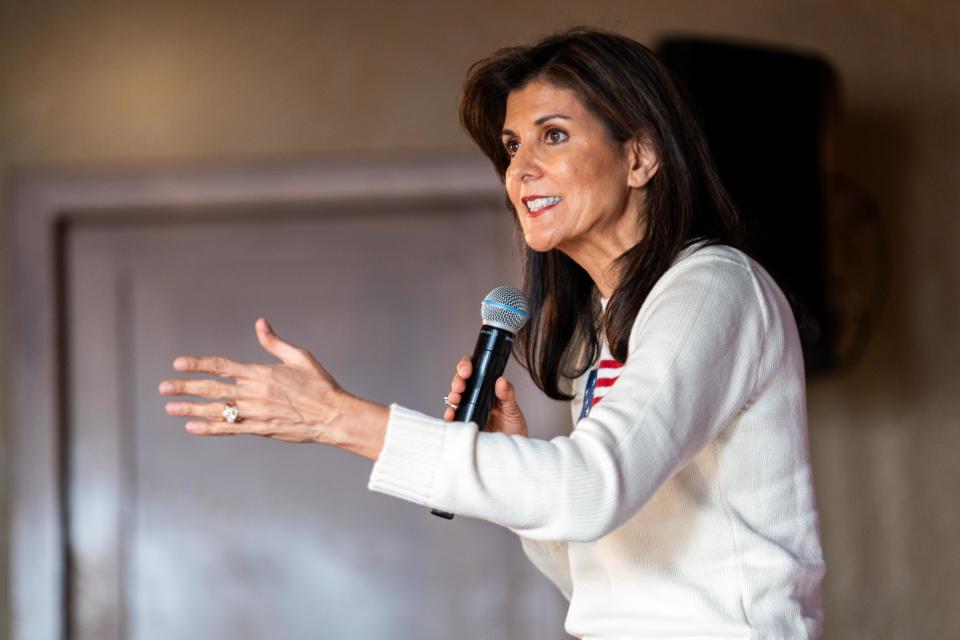 GOP presidential candidate Nikki Haley talks with voters during a campaign stop in Carroll Monday, Dec. 18, 2023, at Santa Maria Vineyard & Winery.