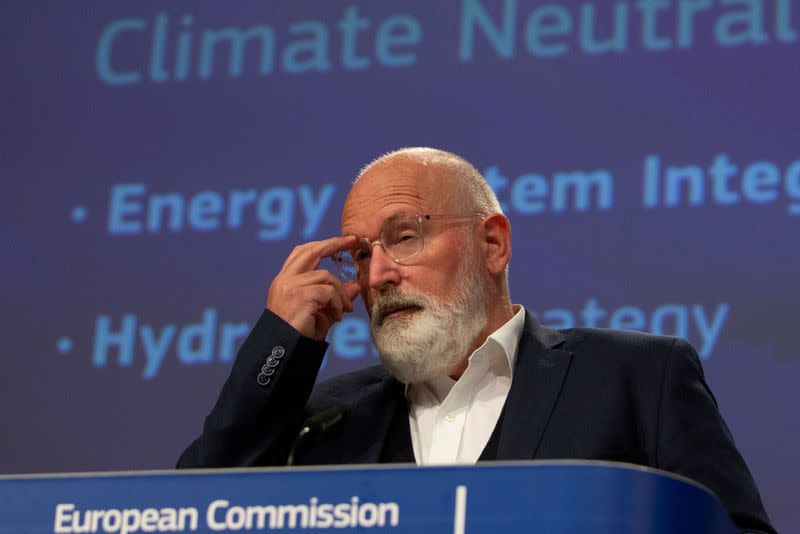 FILE PHOTO: European Commissioner for European Green Deal Frans Timmermans speaks during a news conference at the European Commission headquarters in Brussels