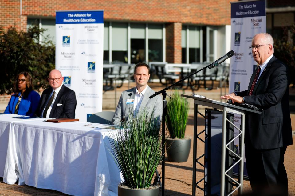 Clif Smart, president of MSU, speaks during an announcement with leaders from CoxHealth, SPS, and OTC to create the Alliance for Healthcare Education at Cox North on Tuesday, Aug. 29, 2023 to tackle workforce shortages of healthcare professionals in the Midwest.