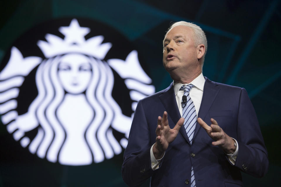 Starbucks President and Chief Executive Officer Kevin Johnson is pictured at the Annual Meeting of Shareholders in Seattle, Washington on March 20, 2019. (Photo by Jason Redmond / AFP)        (Photo credit should read JASON REDMOND/AFP via Getty Images)