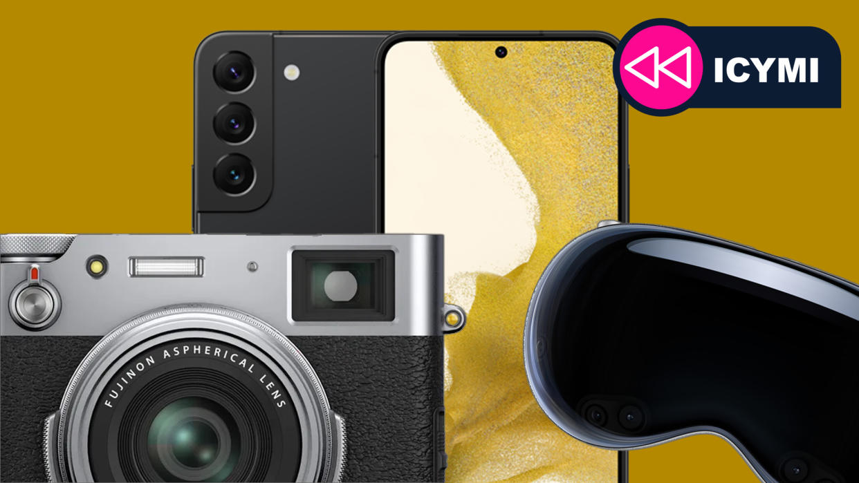  The Samsung Galaxy S22, Apple Vision Pro and Fujifilm X100VI camera on a yellow background. 