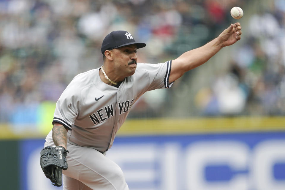 New York Yankees starting pitcher Nestor Cortes throws against the Seattle Mariners during the fourth inning of a baseball game, Wednesday, Aug. 10, 2022, in Seattle. (AP Photo/Ted S. Warren)