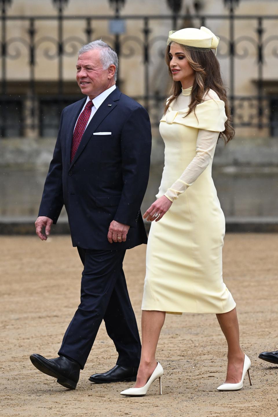 King Abdullah II of Jordan and Queen Rania of Jordan arrive at Westminster Abbey for the Coronation of King Charles III and Queen Camilla on May 06, 2023.